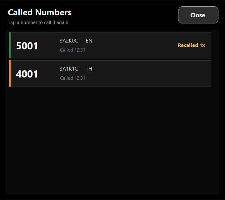Called Numbers window