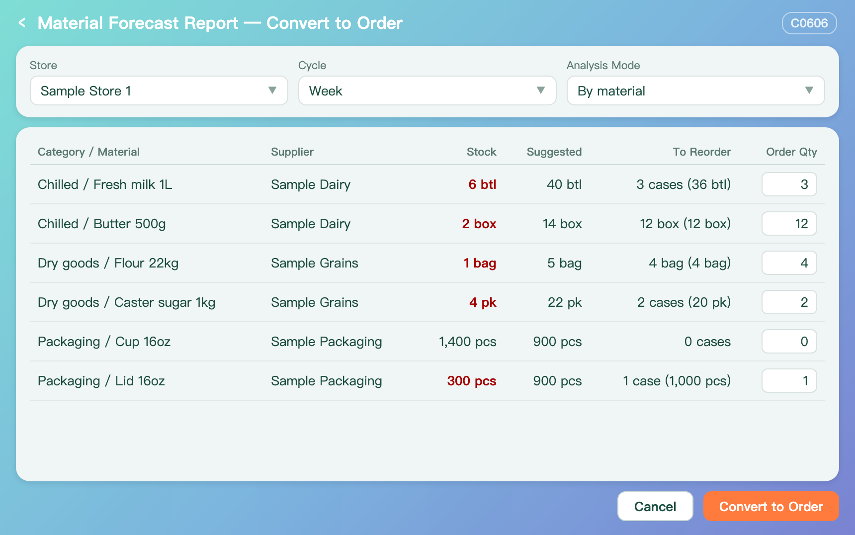 Convert to order screen